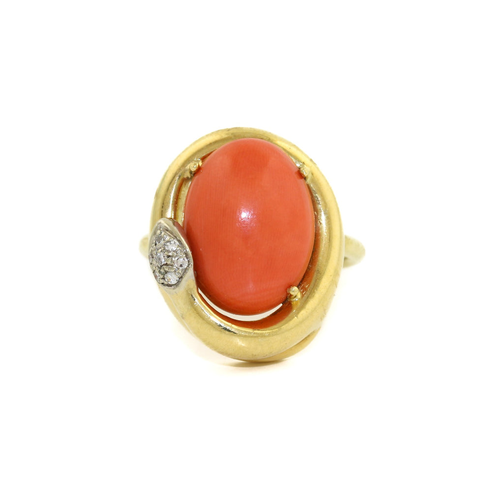 18k x Oval Coral & Diamond Snake Cocktail Ring - Kingdom Jewelry