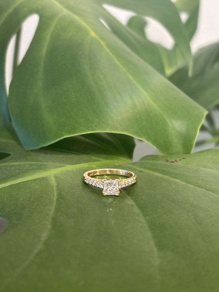 18k Yellow Gold 1ct Princess Cut Natural Diamond Pavé Shank Engagement Ring - Kingdom Jewelry