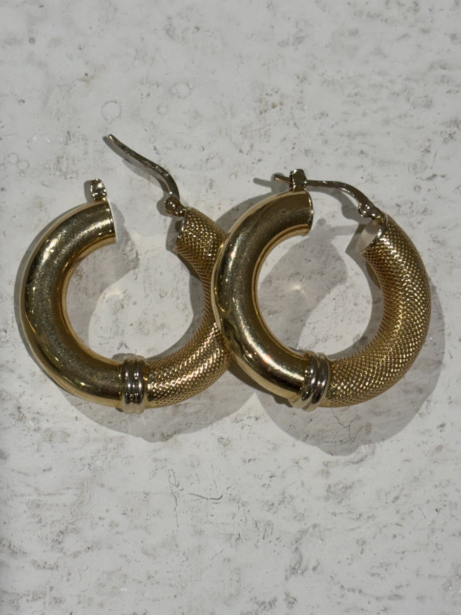 18K Yellow Gold Dual Textured Hoops - Kingdom Jewelry