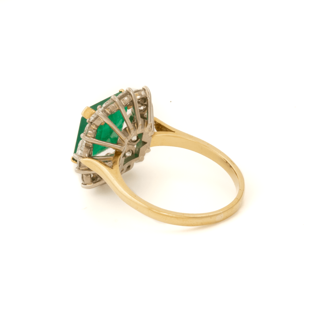 18k Yellow Gold x 3.53ct Emerald + Natural 1.46ctw Round & Pear Diamond Halo Ring - Kingdom Jewelry