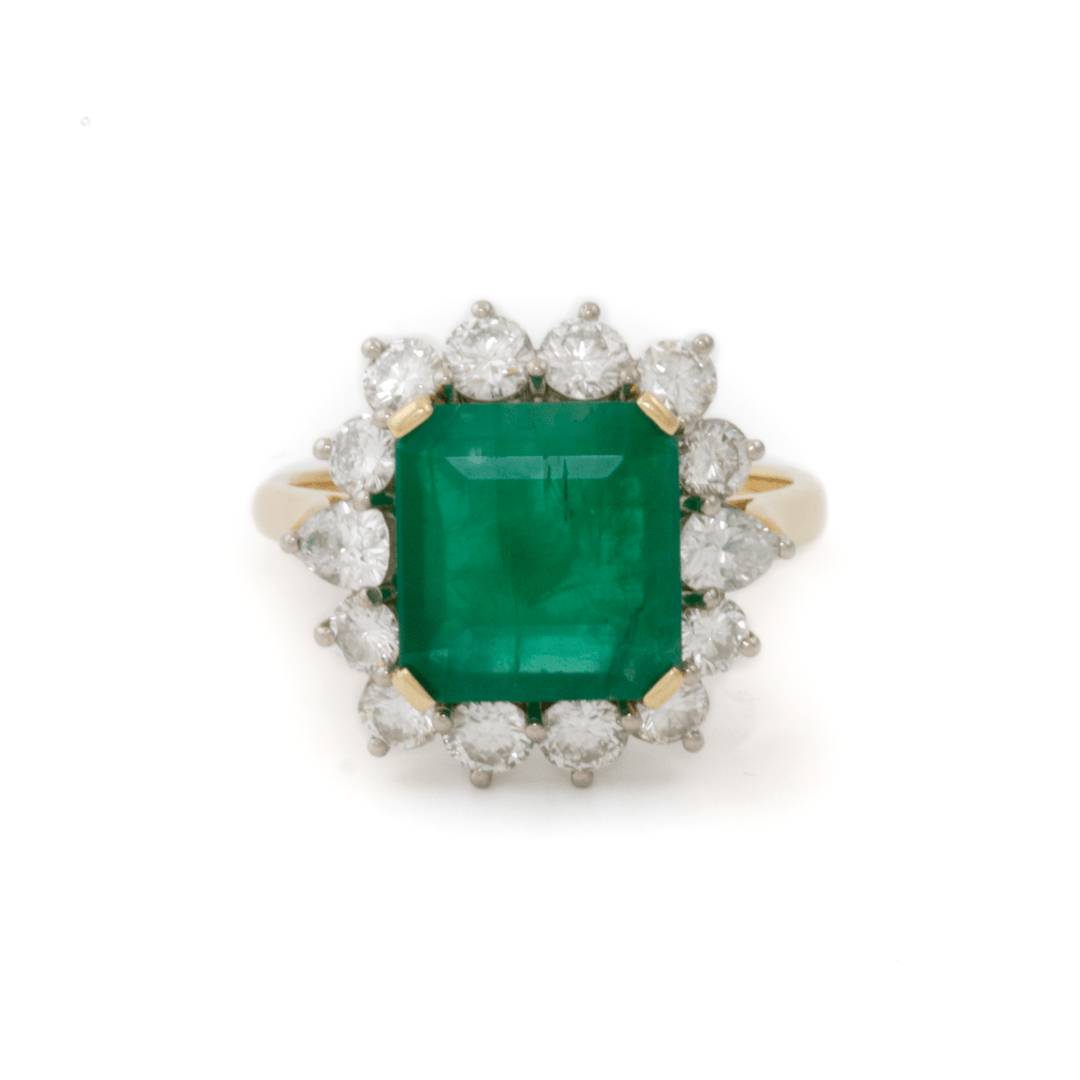 18k Yellow Gold x 3.53ct Emerald + Natural 1.46ctw Round & Pear Diamond Halo Ring - Kingdom Jewelry