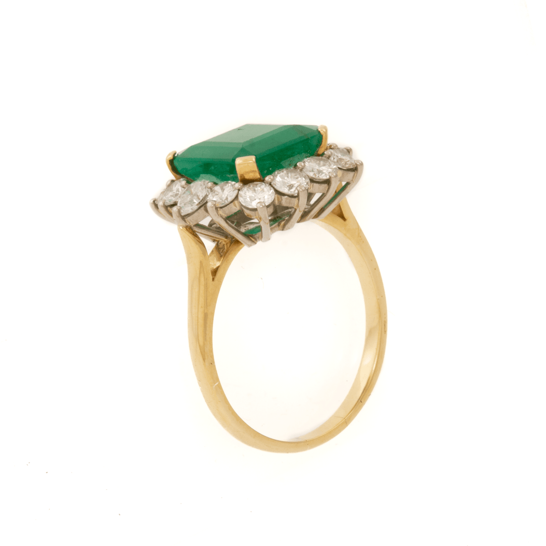 18k Yellow Gold x 3.53ct Emerald + Natural 1.46ctw Round & Pear Diamond Halo Ring - Kingdom Jewelry