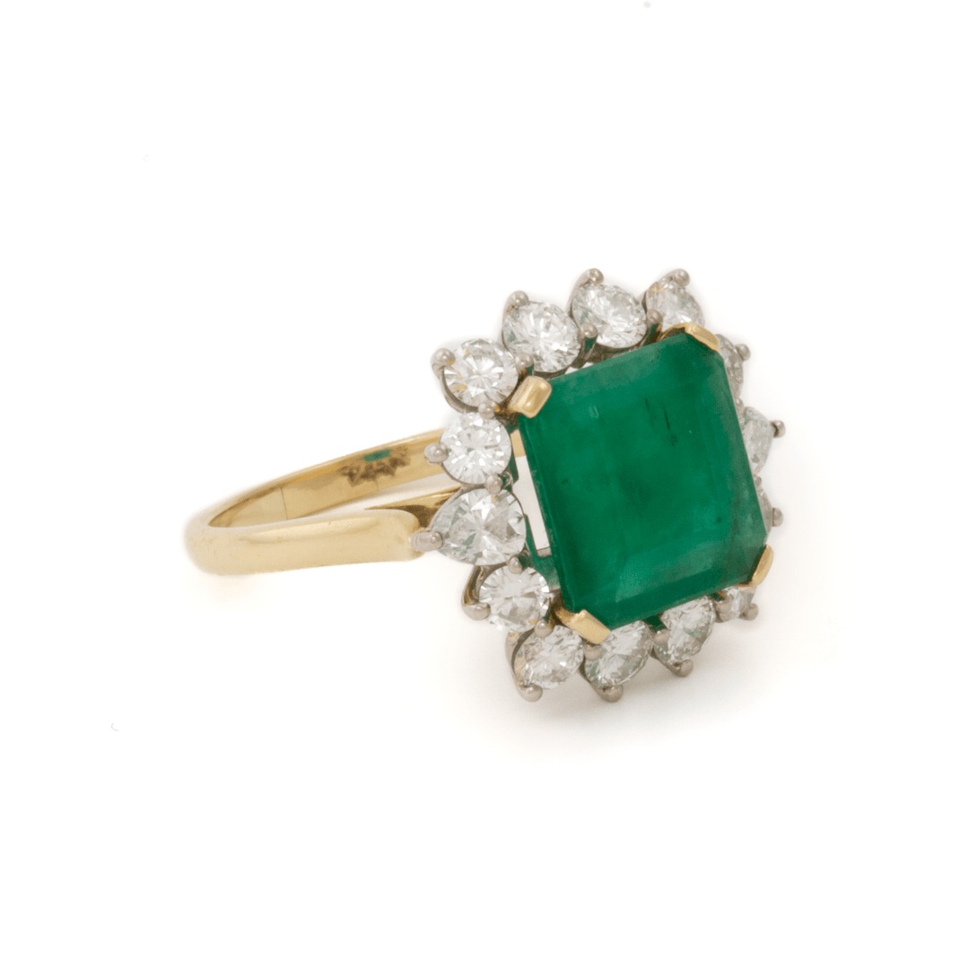 18k Yellow Gold x 3.53ct Emerald + Natural 1.46ctw Round & Pear Diamond Halo Ring - Kingdom Jewelry