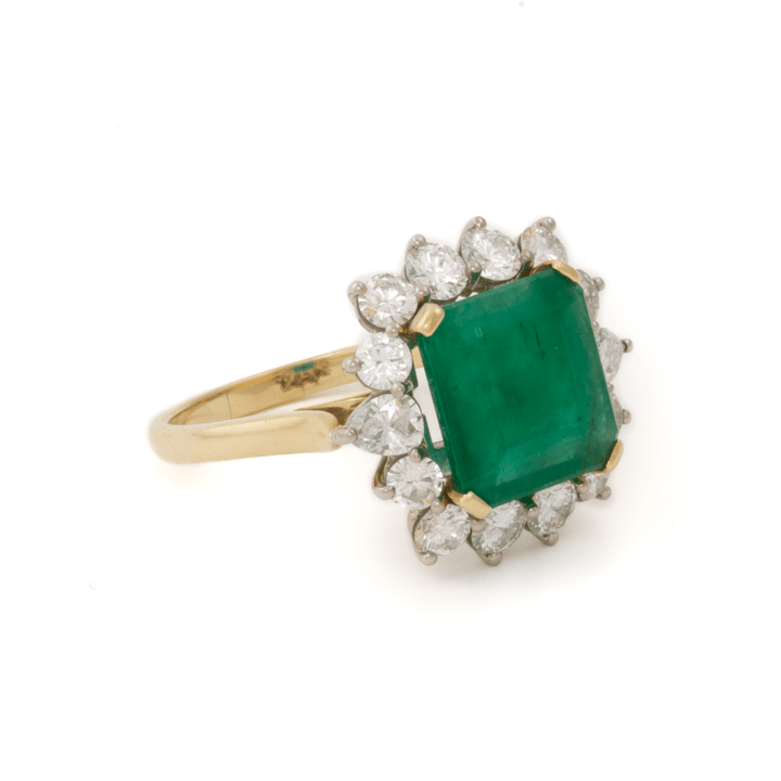 18k Yellow Gold x 3.53ct Emerald + Natural 1.46ctw Round & Pear Diamond Halo Ring - Kingdom Jewelry