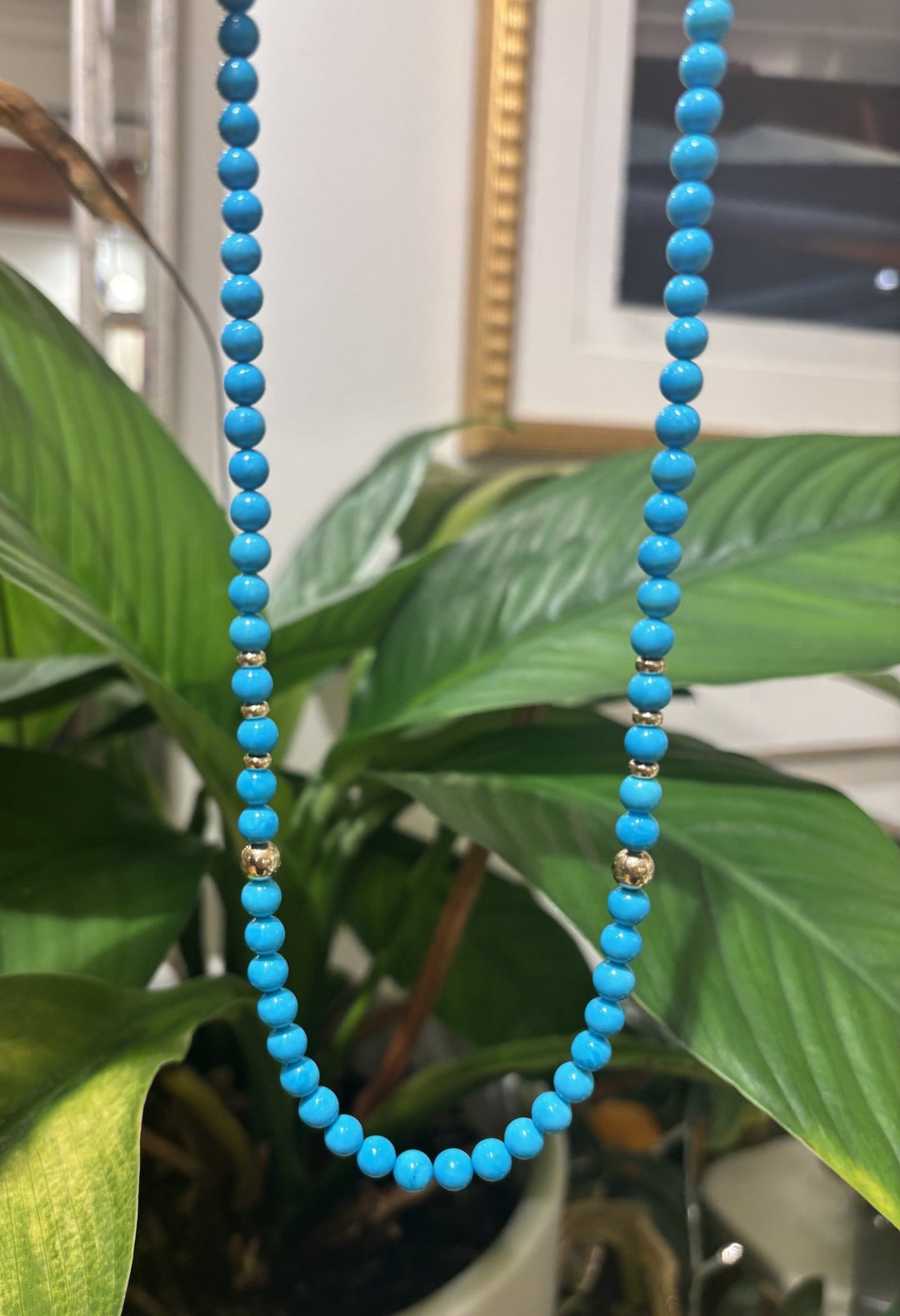 19" Round Beaded Sleeping Beauty Turquoise Necklace With 14k Yellow Gold Beads - Kingdom Jewelry