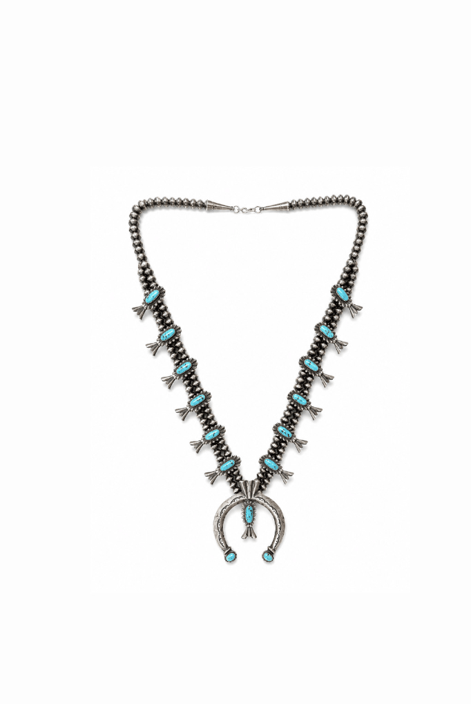 1960'S Sandcast Navajo Natural Turquoise Squash Blossom Necklace - Kingdom Jewelry