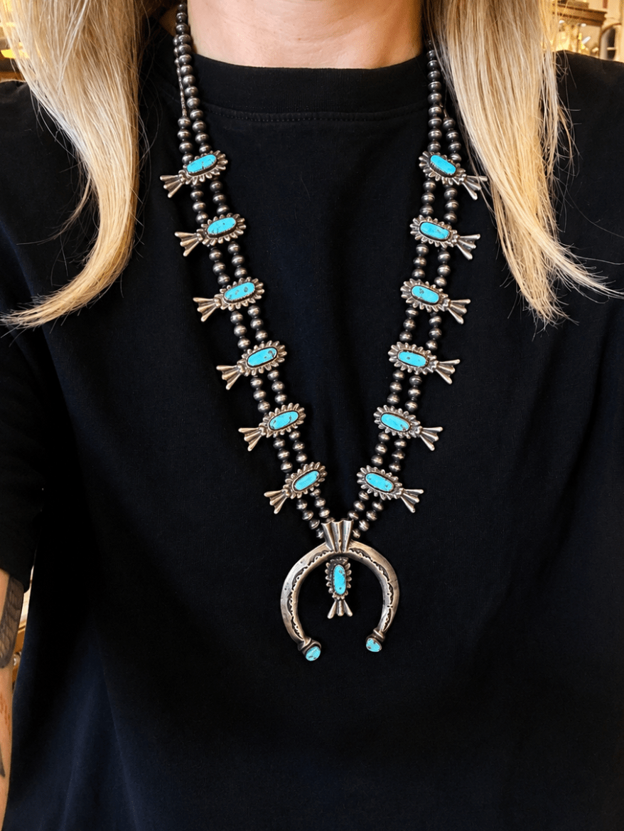1960'S Sandcast Navajo Natural Turquoise Squash Blossom Necklace - Kingdom Jewelry