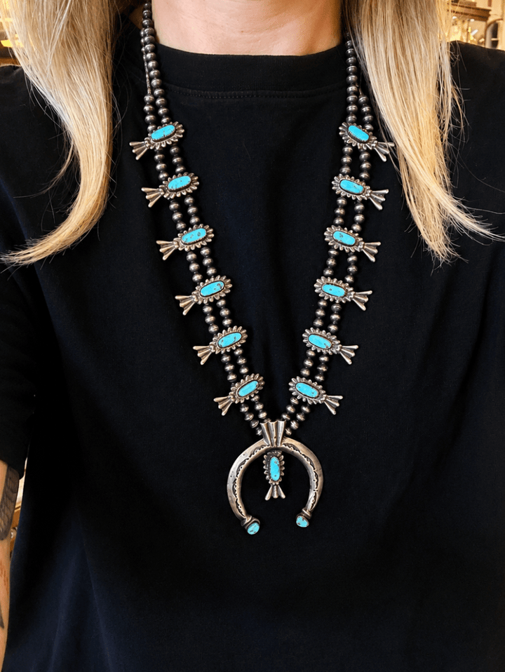 1960'S Sandcast Navajo Natural Turquoise Squash Blossom Necklace - Kingdom Jewelry