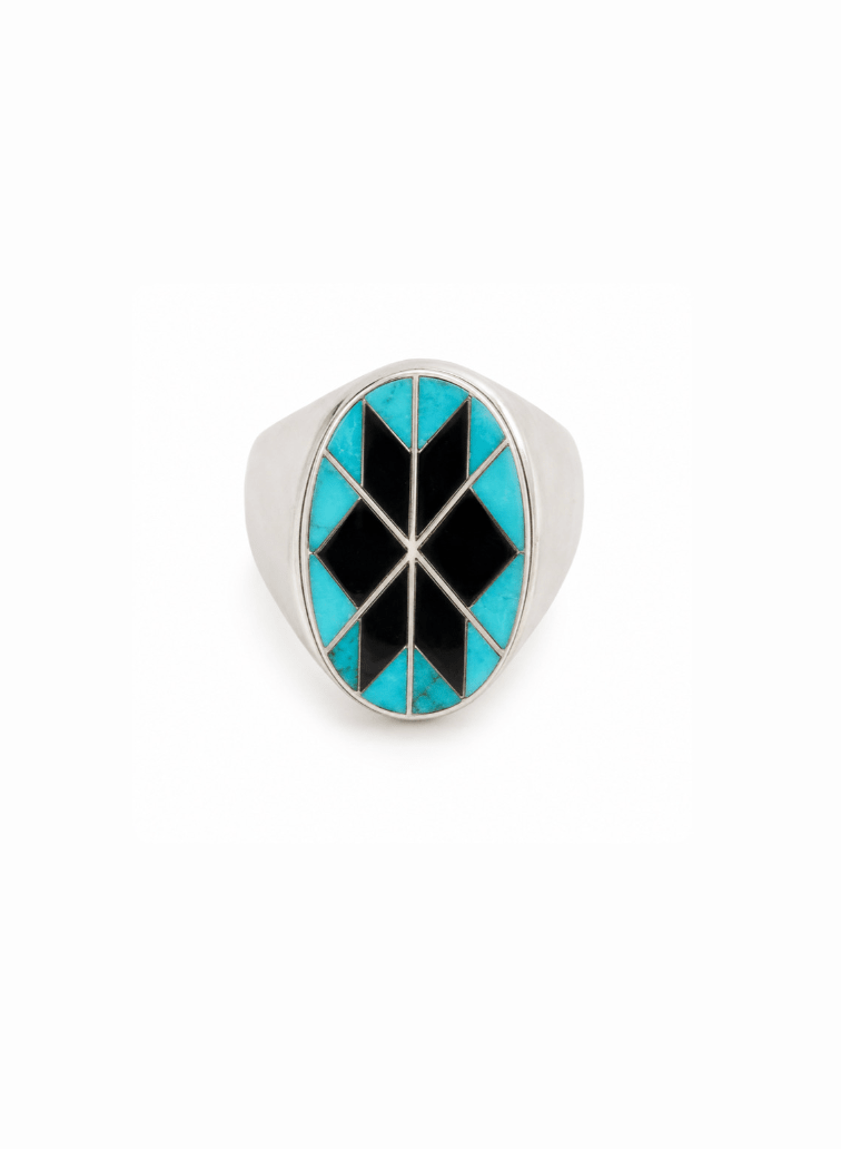 1960s Turquoise + Jet Zuni Inlay Ring - Kingdom Jewelry