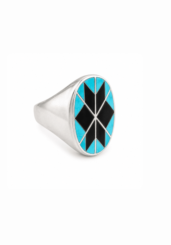1960s Turquoise + Jet Zuni Inlay Ring - Kingdom Jewelry