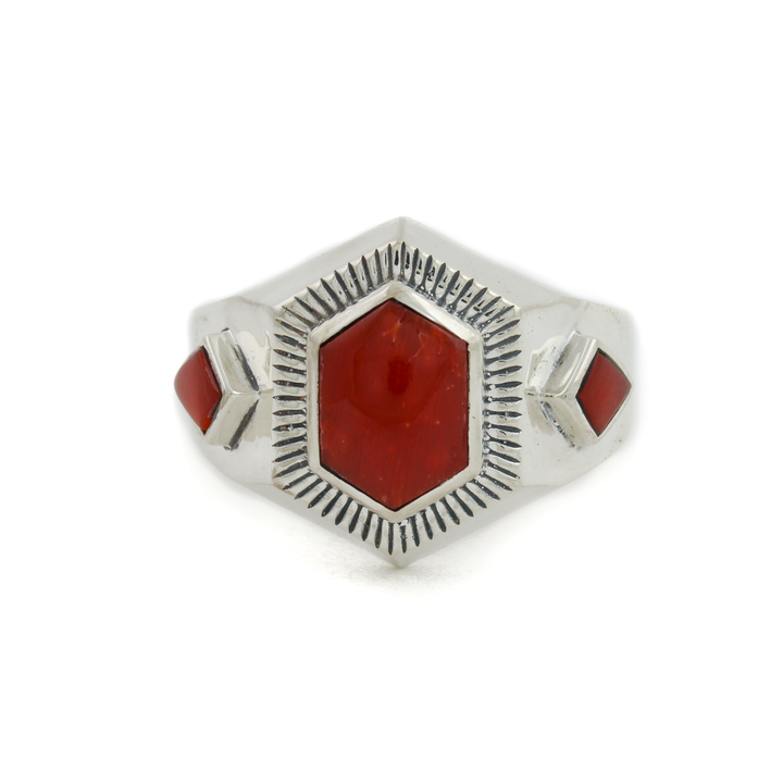 Silver x Red Coral Hex-Cut "Roku" Gemini Signet