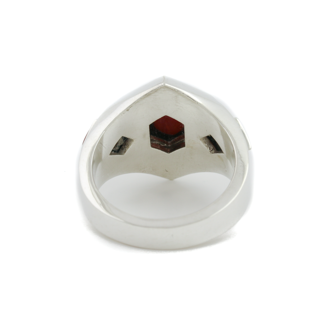 Silver x Red Coral Hex-Cut "Roku" Gemini Signet