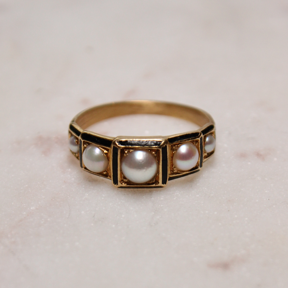 
                      
                        Victorian 18k Gold x Pearl & Enamel Mourning Quinet
                      
                    