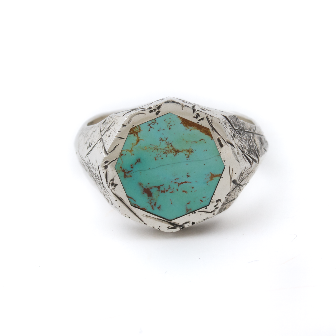Silver x Royston Turquoise Distressed Hex Inlay Ring