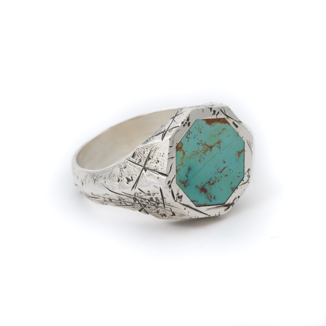 Silver x Royston Turquoise Distressed Hex Inlay Ring