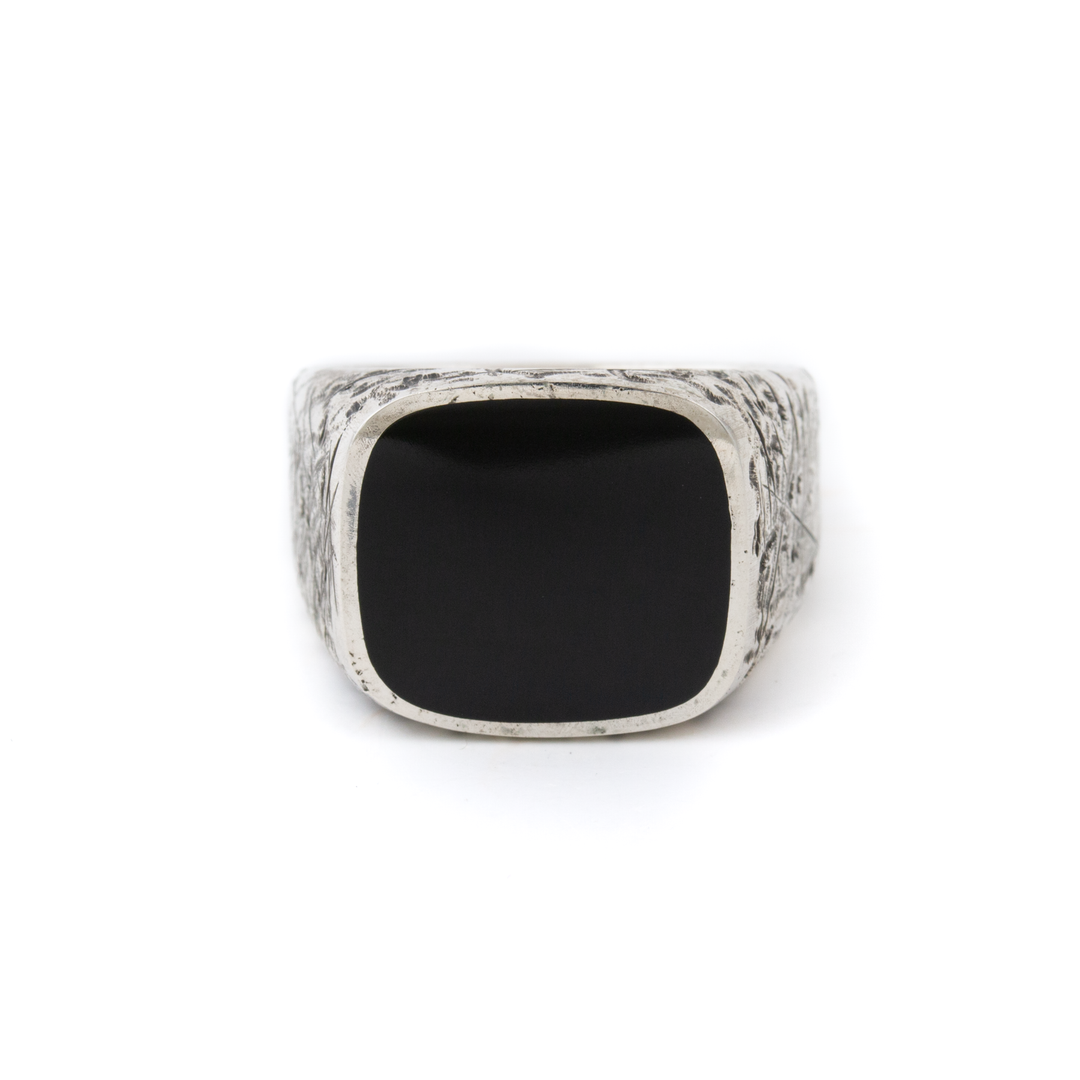 Silver x Distressed Black Jade Cushion Euro  Inlay Signet