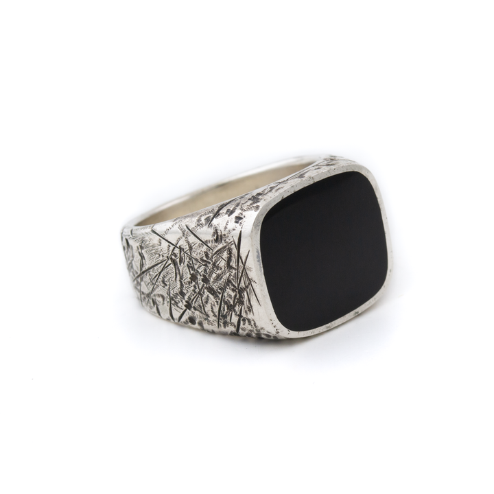 Silver x Distressed Black Jade Cushion Euro  Inlay Signet