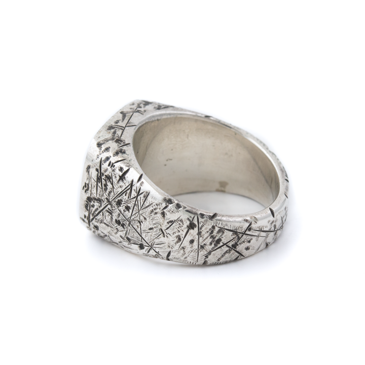 Silver x Distressed Black Jade Cushion Euro  Inlay Signet