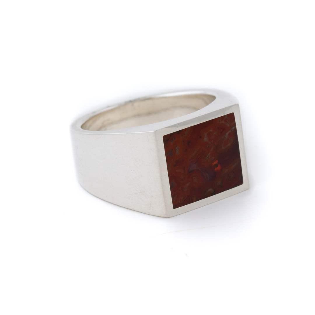 Silver x Squared Red Dinosaur Bone Inlay Signet