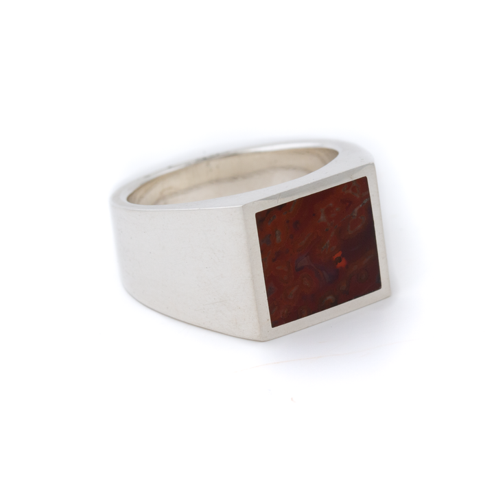 Silver x Squared Red Dinosaur Bone Inlay Signet