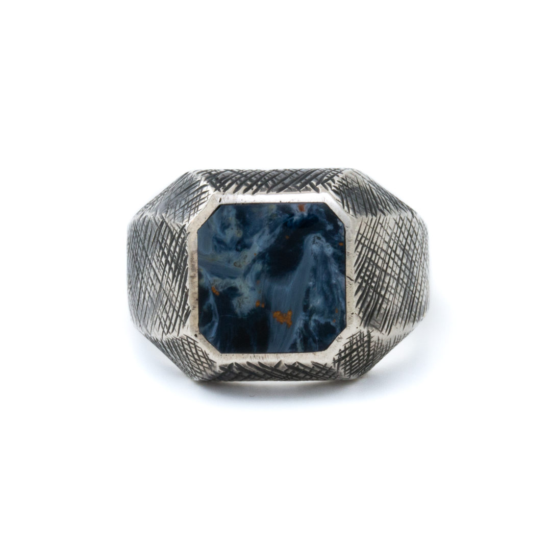 Silver x Cross-Hatched Textured Chamfered Pietersite Inlay Signet