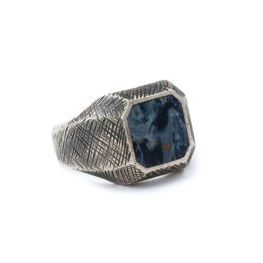 Silver x Cross-Hatched Textured Chamfered Pietersite Inlay Signet