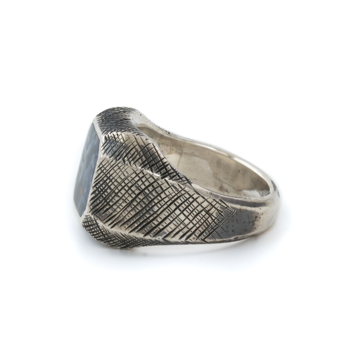 Silver x Cross-Hatched Textured Chamfered Pietersite Inlay Signet