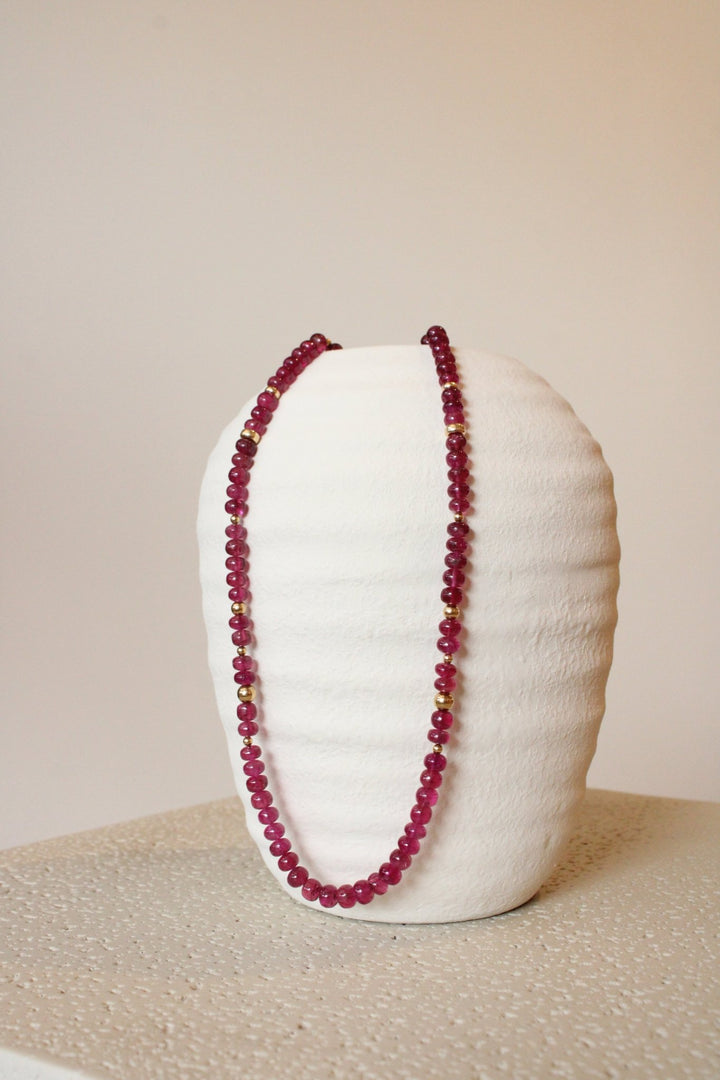 21" Smooth Rubellite Tourmaline Gem Strand x 14K Gold Beads - Kingdom Jewelry
