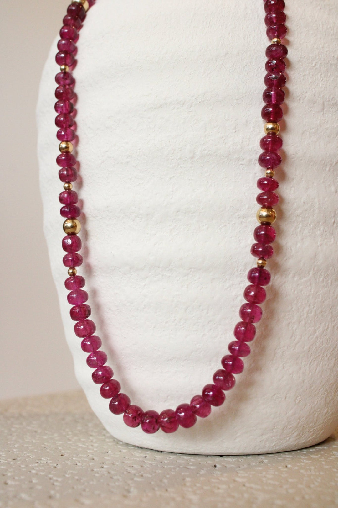 21" Smooth Rubellite Tourmaline Gem Strand x 14K Gold Beads - Kingdom Jewelry