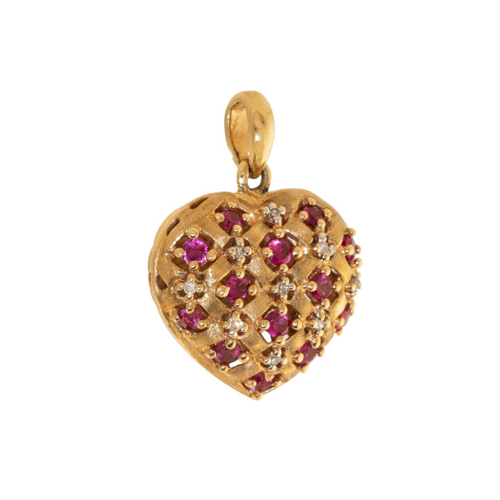 9k Gold x Puffy Basket - Weave Ruby & Diamond Heart Pendant - Kingdom Jewelry