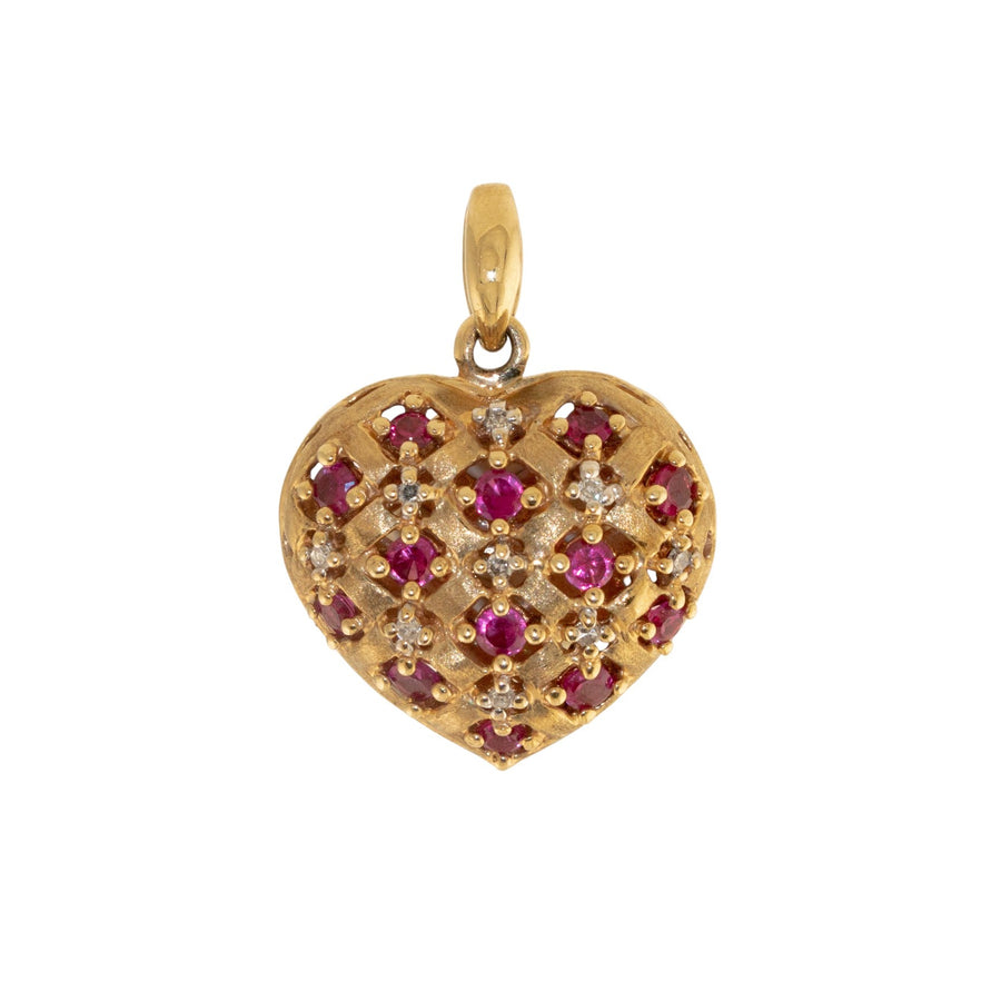 9k Gold x Puffy Basket - Weave Ruby & Diamond Heart Pendant - Kingdom Jewelry