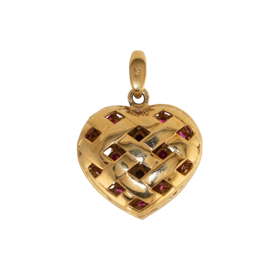 9k Gold x Puffy Basket - Weave Ruby & Diamond Heart Pendant - Kingdom Jewelry