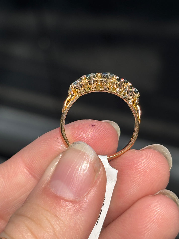 22K Yellow Gold Vintage Teal Sapphire 5 Stone Ring