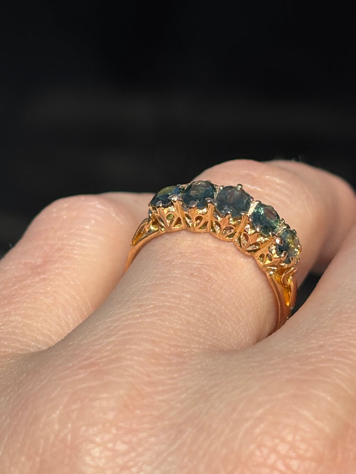22K Yellow Gold Vintage Teal Sapphire 5 Stone Ring