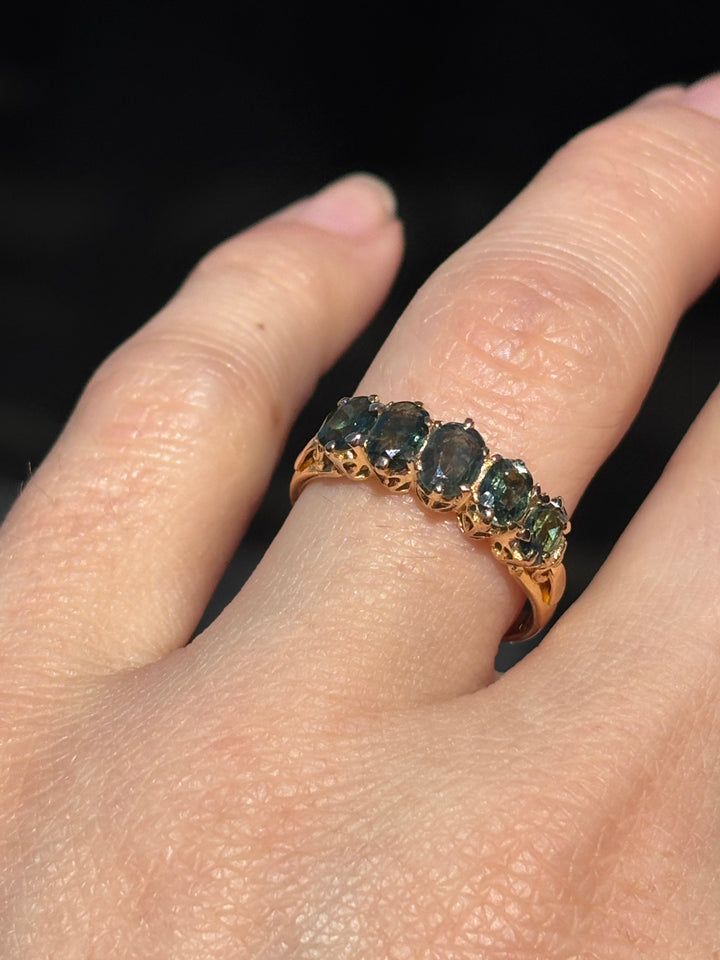 22K Yellow Gold Vintage Teal Sapphire 5 Stone Ring