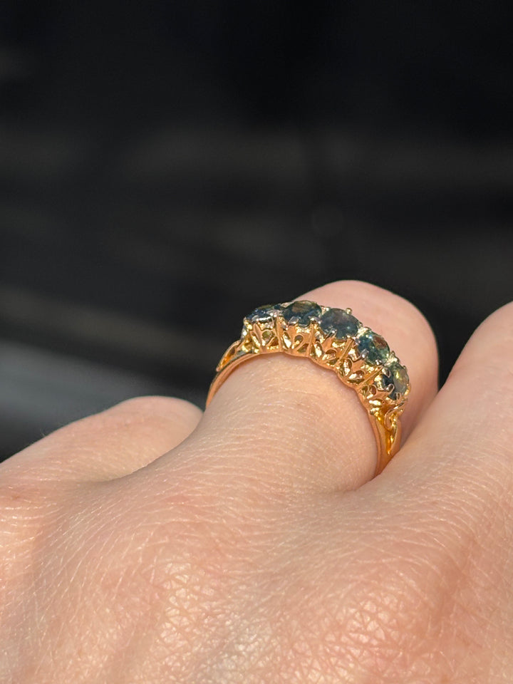 22K Yellow Gold Vintage Teal Sapphire 5 Stone Ring