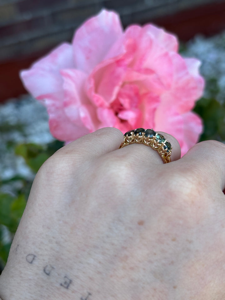 22K Yellow Gold Vintage Teal Sapphire 5 Stone Ring