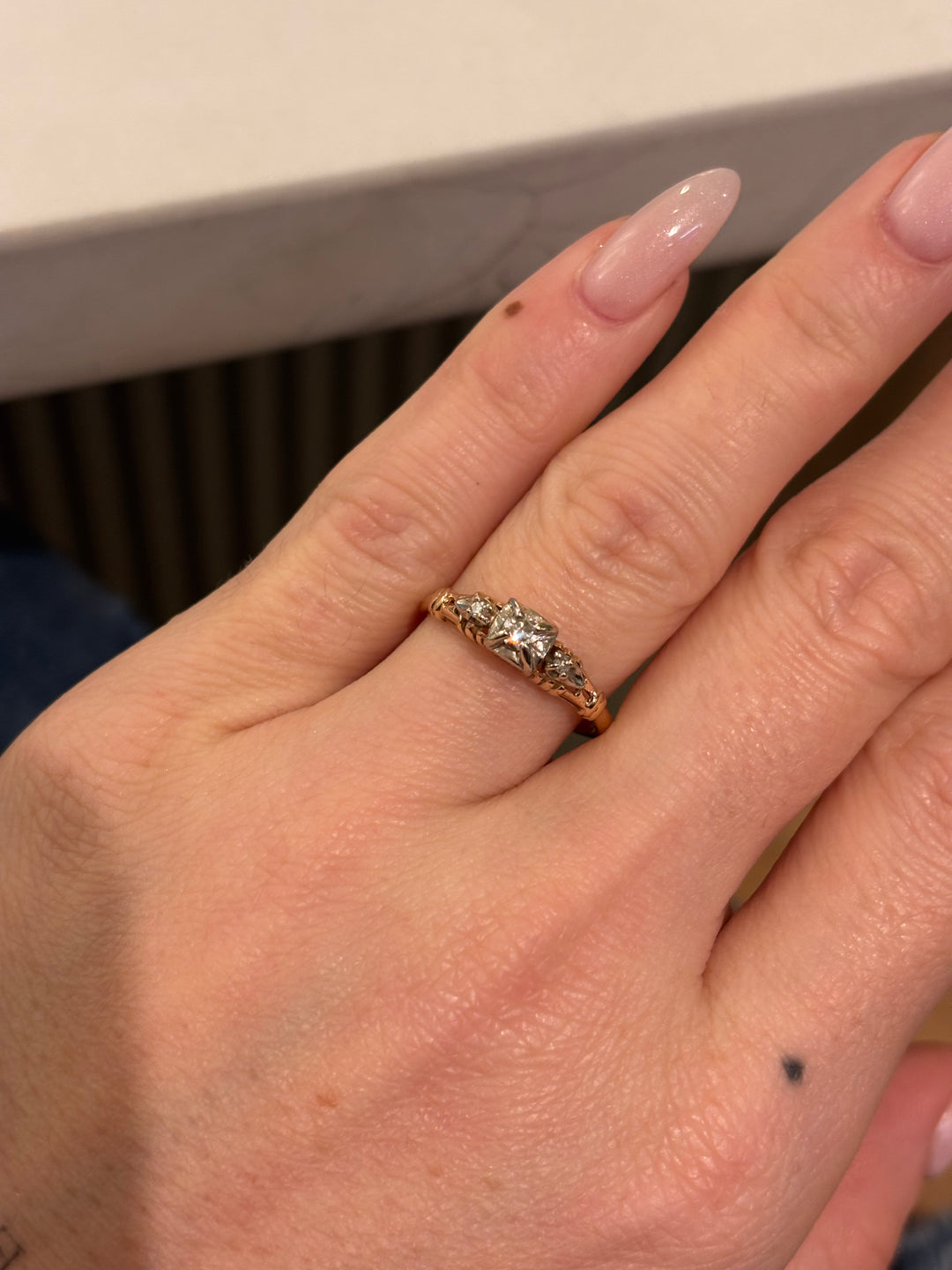 14k Two-Tone x Vintage Art-Deco Natural Diamond Trilogy Ring