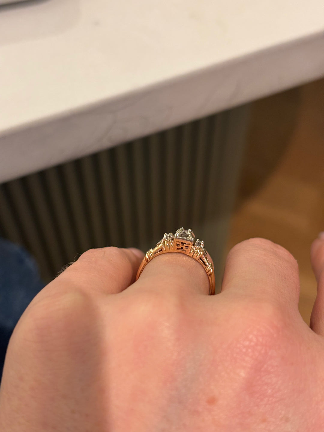 14k Two-Tone x Vintage Art-Deco Natural Diamond Trilogy Ring