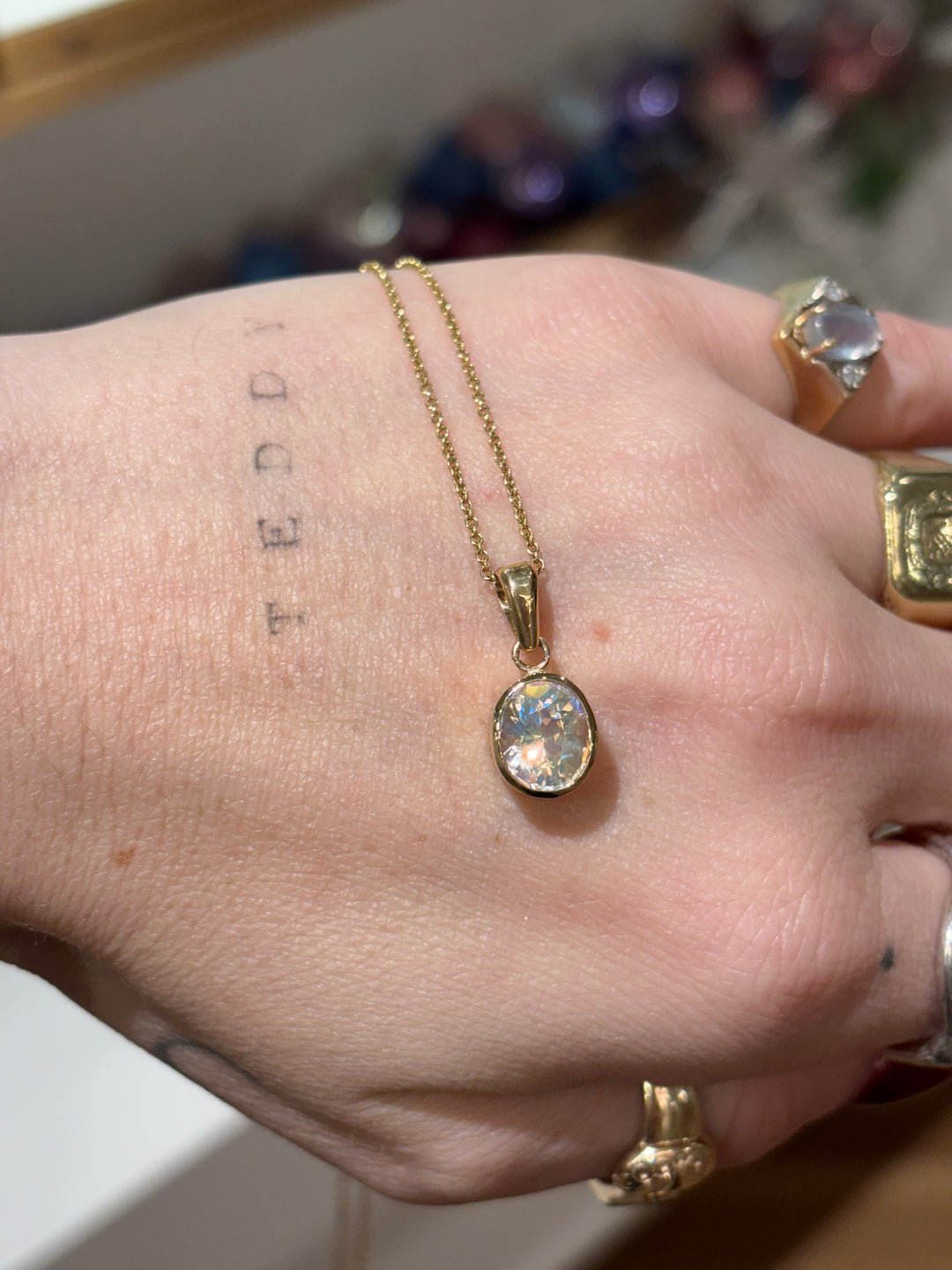 14K Yellow Gold Oval Rainbow Moonstone Pendant