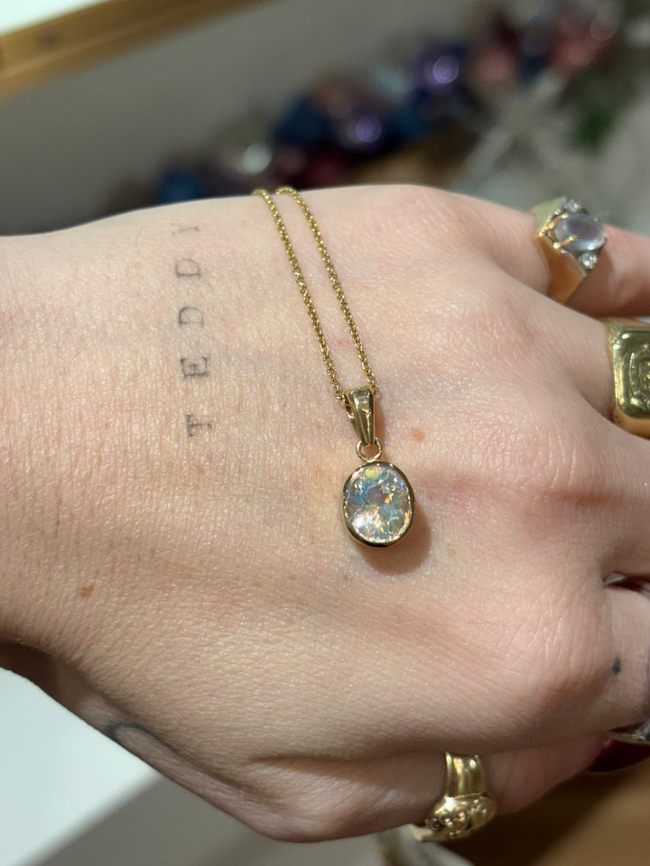 14K Yellow Gold Oval Rainbow Moonstone Pendant