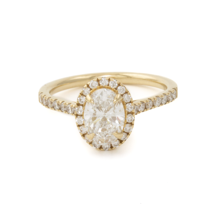 14K Yellow Gold Engagement Ring set w/ LGD Oval 1.00ct VVS2 D and rbc 32=0.41ct Diamond Halo and 1/2 Eternity Pavew VS F size 6