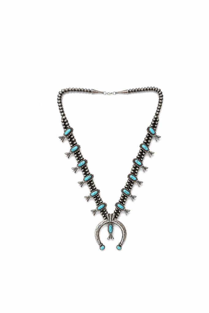 1960'S Sandcast Navajo Natural Turquoise Squash Blossom Necklace