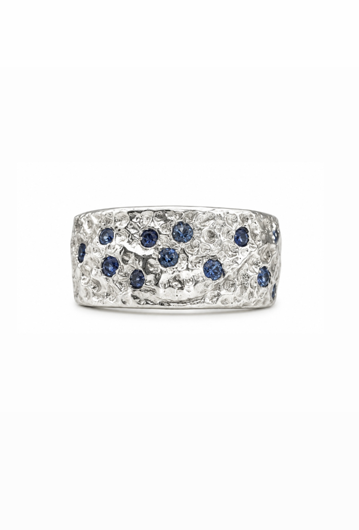 Silver Hammered Blue Confetti Sapphire Ring