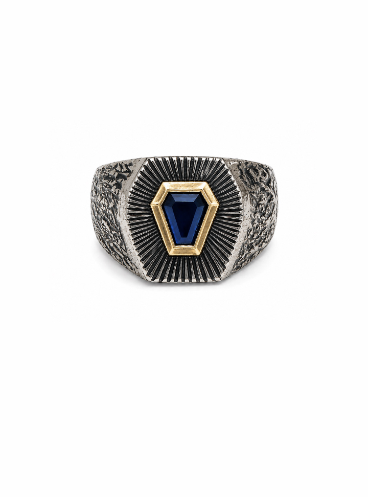 Silver & 14k Gold Bezel x Brutalist Nigerian Sapphire Shield Signet