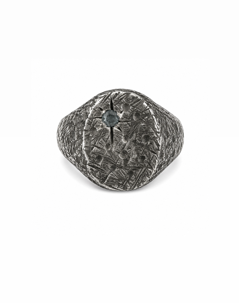 Distressed Oval X Silver Sapphire Signet Ring