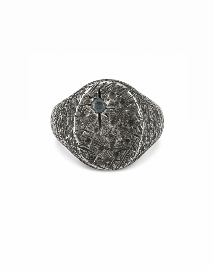 Distressed Oval X Silver Sapphire Signet Ring