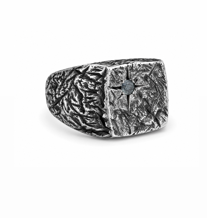 Square Silver X Sapphire Signet Ring