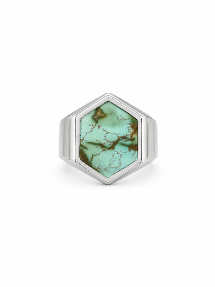 Hubei Turquoise Silver Hexagon Inlay Ring