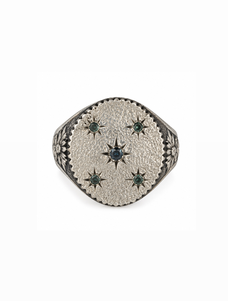 Star Set Sapphire Flower Silver Ring